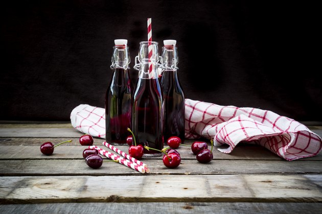 Organic cherry juice in bottles