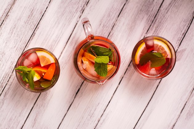 Fresh summer cocktail with fruits. Top view
