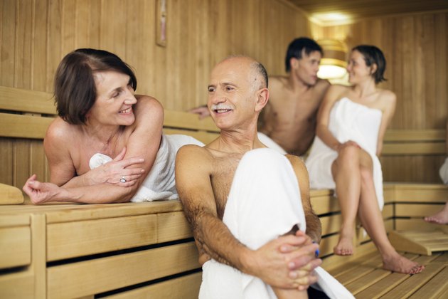 senior couple relaxing at sauna