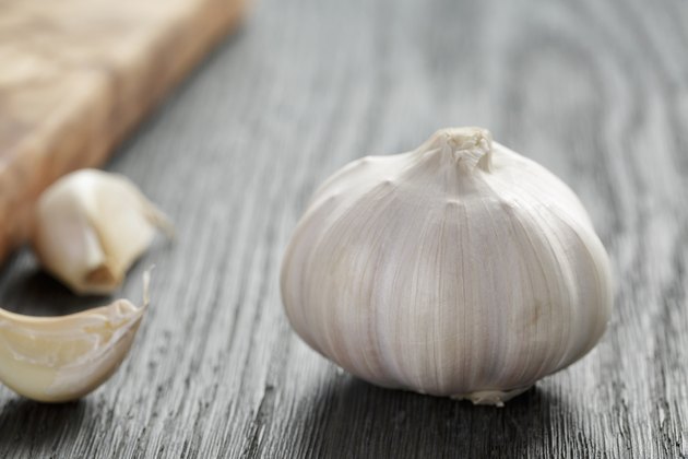whole garlic head on oak wood table