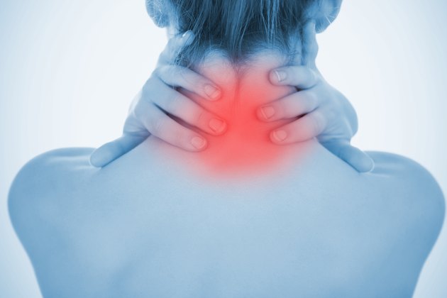 Woman rubbing highlighted neck pain