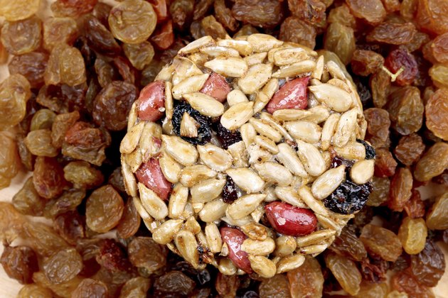 Round candied seeds and nuts with raisins.