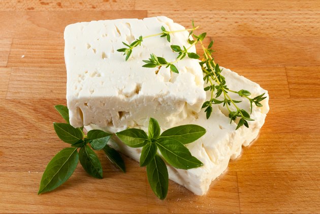 Feta cheese on wood board