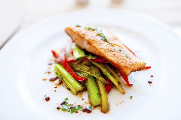 Smoked salmon with fried vegetables as main dish