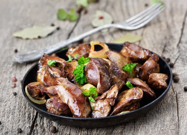Roasted chicken liver in frying pan