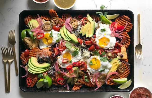 Breakfast Nachos with Sweet Potato Waffle Fries, Black Beans, Shiitake Bacon and Eggs