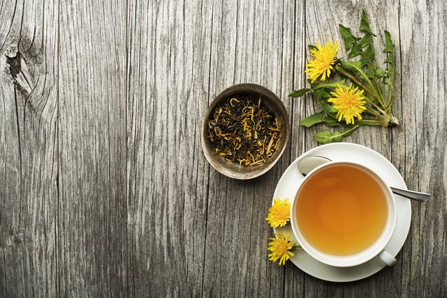 cup of dandelion tea on a wooden table