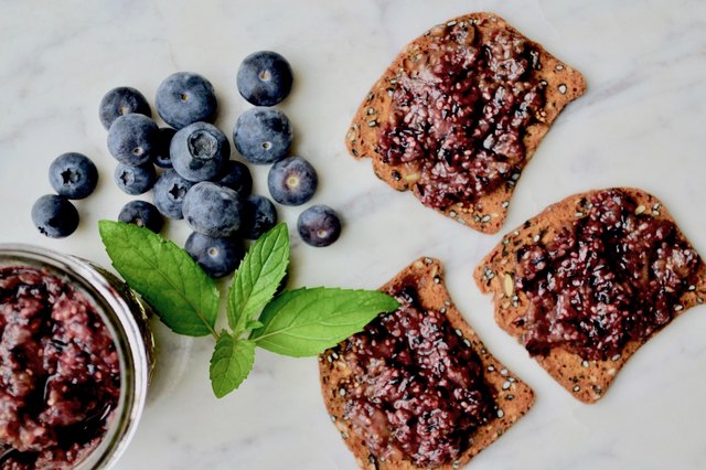 Blueberry Chia Jam on a marble tabletop