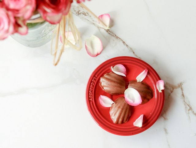 Rosewater bonbons Madeline shaped fat bombs with rosewater and rose petals