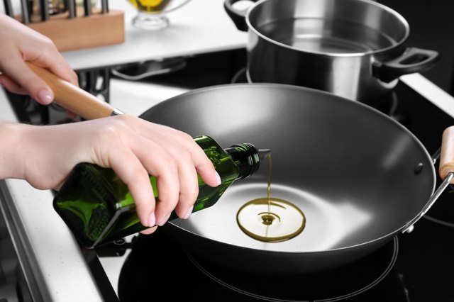 Woman pouring oil from bottle onto wok in kitchen