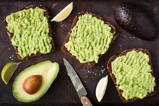 Avocado toast with whole-grain rye bread. Top view