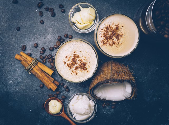 Ketogenic diet concept. Ketogenic latte with coconut oil. High fat diet