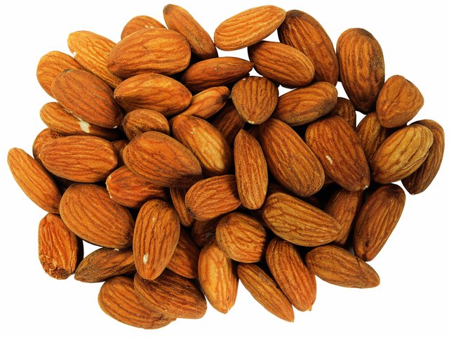 close-up of unpeeled almonds