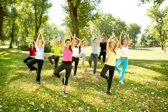 yoga group, tree position,