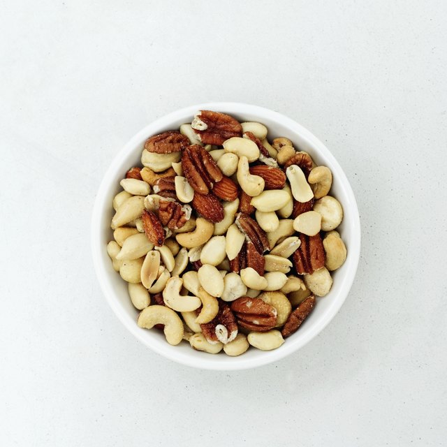 Elevated view of a bowl of assorted nuts
