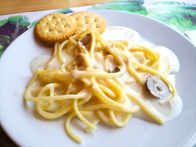 Spaghetti Carbonara with mushroom on white dish