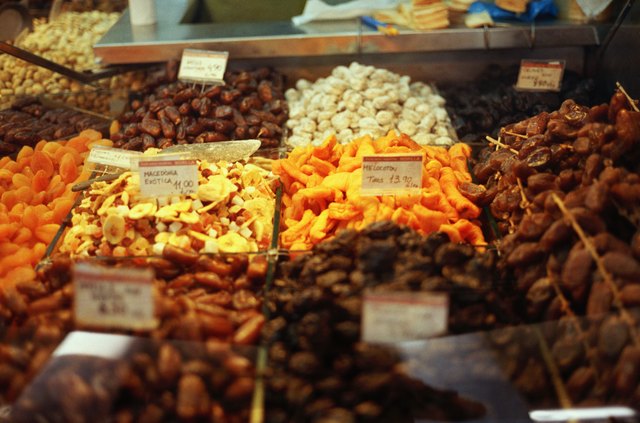 Close-up of assorted nuts and dried fruits in a market in Barcelona