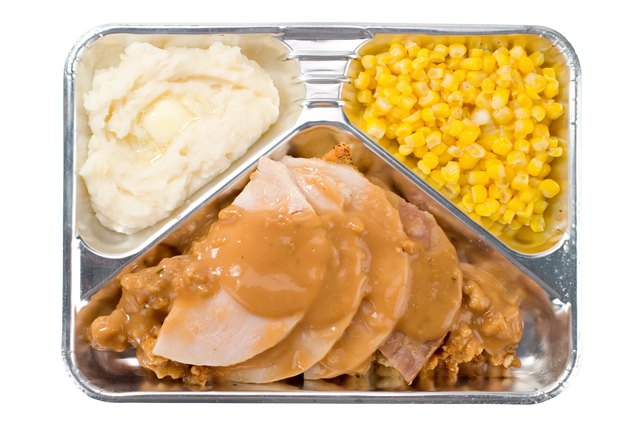 TV dinner with turkey and gravy, mashed potatoes, and corn