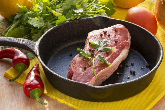 Raw steak in a cast iron pan
