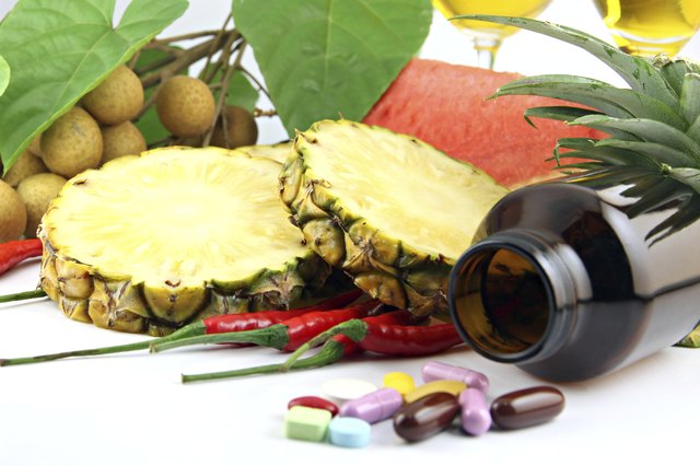 Fruits and medicines placed near the cosmetics.