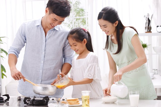Family cooking in kitchen