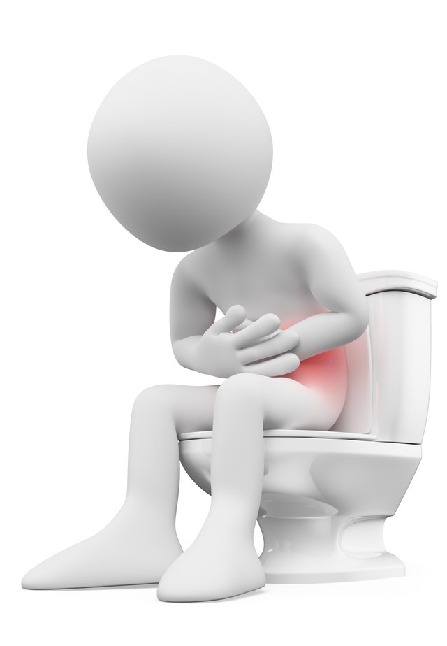 3D white people. Man with stomachache in the bathroom