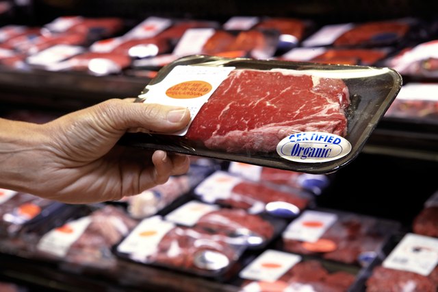 Woman holding packet of beef in supermarket