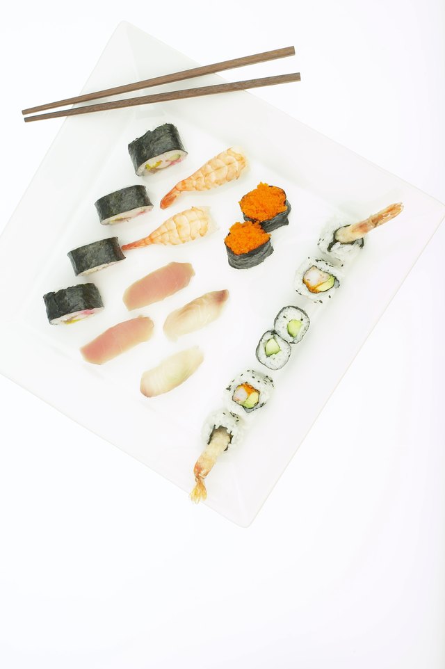 High angle view of various types of sushi rolls