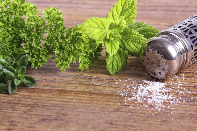 Salt cellar and herbs on a table