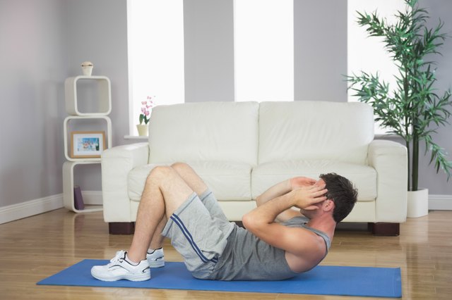 one woman exercising crunches fitness workout arms behind head