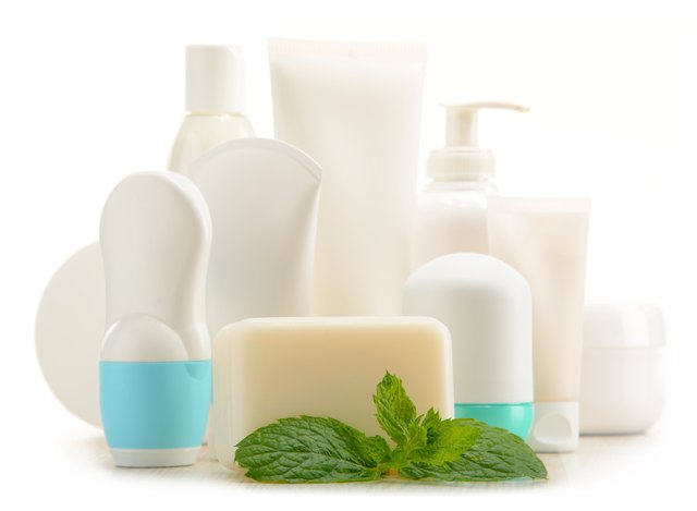 Composition with containers of body care and beauty products