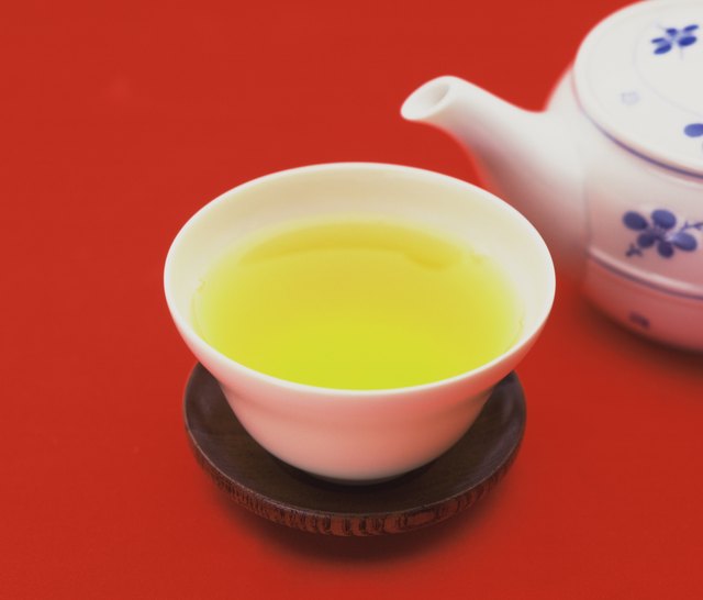 Cup of green tea, red background