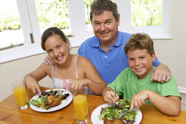Brother and sister eating meal with father