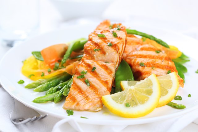 grilled salmon with asparagus on white plate