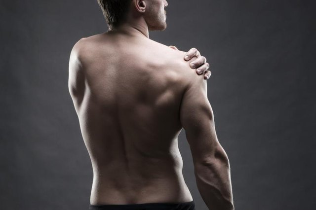 Pain in the shoulder. Muscular male body. Handsome bodybuilder posing on gray background. Low key close up studio shot. Middle part of the body