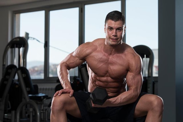 Young Physically Bodybuilder Working Out Biceps - Dumbbell Concentration Curls