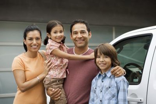 Family standing outside house next to car