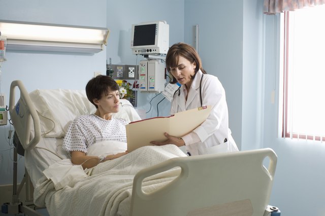 Female doctor showing medical chart to female patient lying in hospital bed
