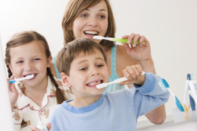 Mother and children brushing teeth