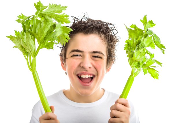 Happy boy with soft skin holding celery sticks