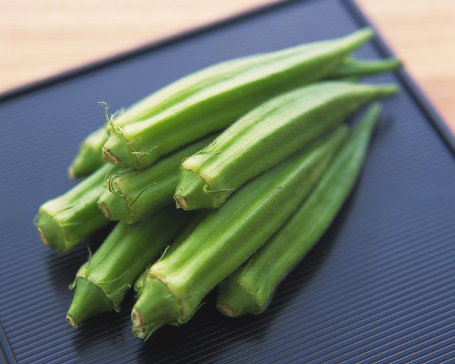 Closed Up Image of Several Okras On a Black, Square Plate, High Angle View, Differential Focus