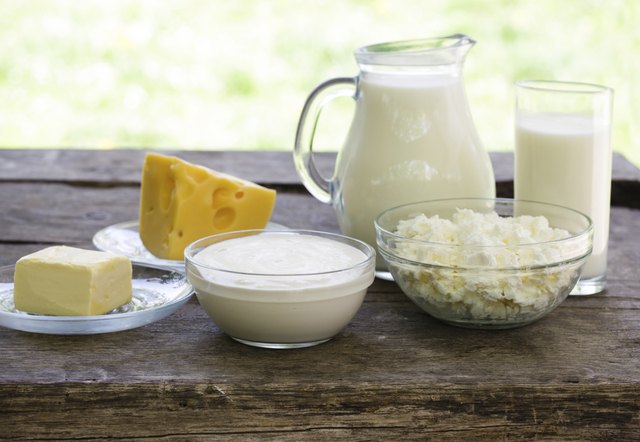 Dairy products on wooden table