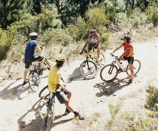 Four People Chatting on a Dirt Road in a Forest Riding Mountain Bikes