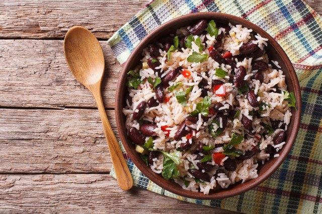 Rice with red beans and vegetables. horizontal top view