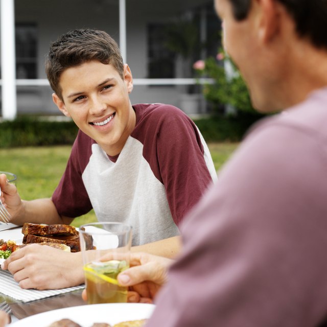 portrait of a father and son eating lunch in the garden