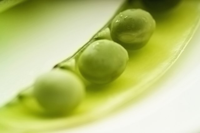 Image of an open pea pod on a plate, close-up, selective focus