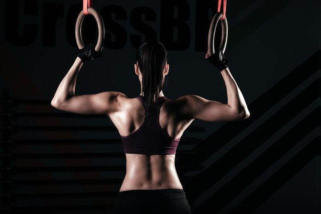Sporty women in a gym exercising with gymnastic rings