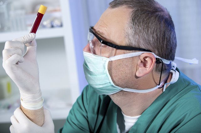 Young man studying liquid sample contained in a test-tube