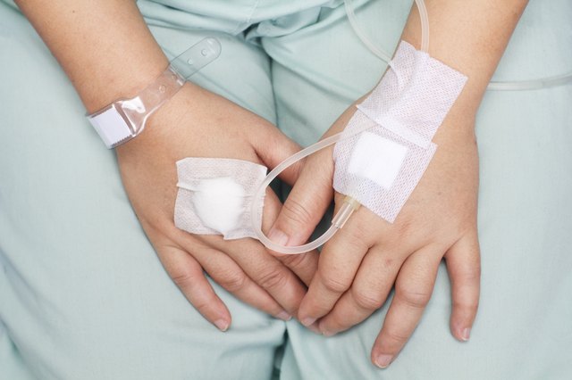 hand swollen by saline intravenous (iv).