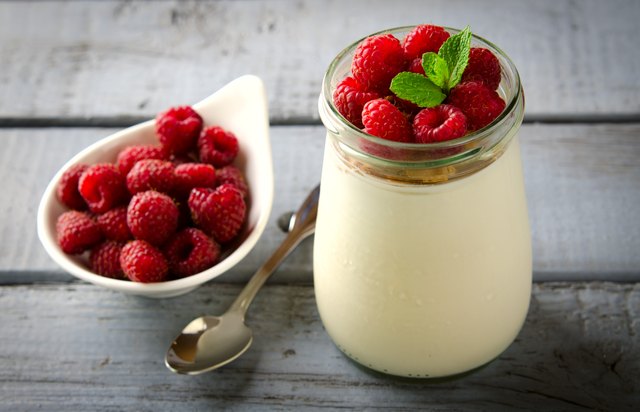 Healthy breakfast - fresh Greek yogurt with raspberries and mint
